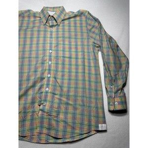 MINE Mens Size Medium Yellow Blue Plaid Button Up Pocket Cotton Long Sleeve